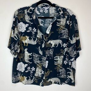 JOHNNY WAS Tiger Safari Floral Graphic Silk Button Front Top size Small